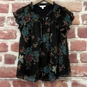 LC Lauren Conrad Top Women's S Black Metallic Multicolor Floral Butterfly Shirt